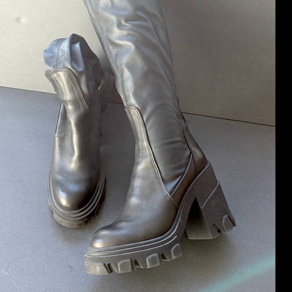 L'intervalle Platform Knee High Stretch Leather Boots Black Combat Chunky - 9 39 - Picture 1 of 12